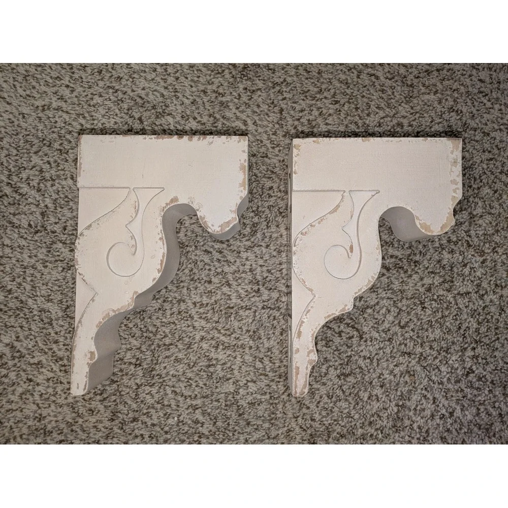 Pair of Distressed White Scroll Vintage inspired Corbels Shelf Brackets